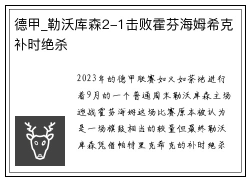 德甲_勒沃库森2-1击败霍芬海姆希克补时绝杀