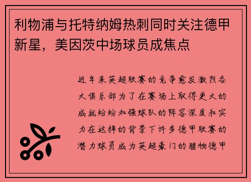 利物浦与托特纳姆热刺同时关注德甲新星，美因茨中场球员成焦点