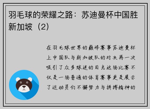 羽毛球的荣耀之路：苏迪曼杯中国胜新加坡（2）