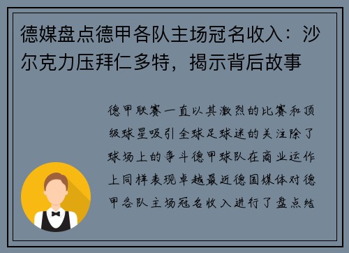 德媒盘点德甲各队主场冠名收入：沙尔克力压拜仁多特，揭示背后故事